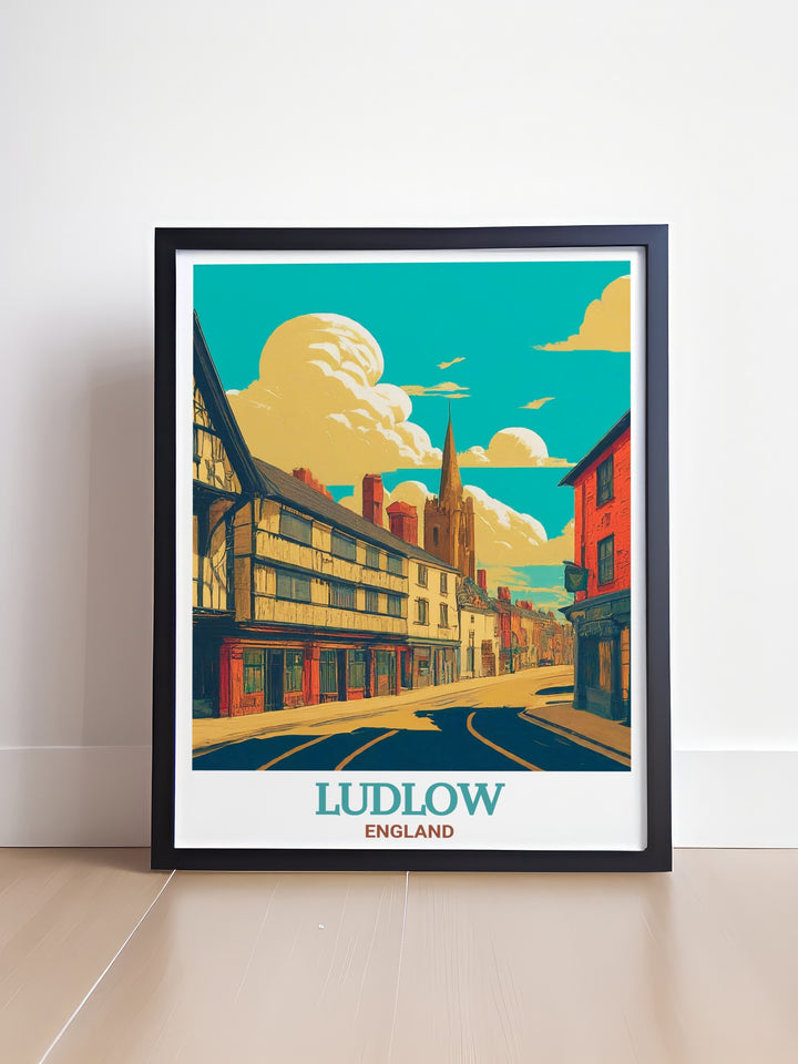 This Ludlow travel print showcases the beautiful Broad Street in the historic town of Ludlow, England. The artwork highlights the towns architecture and charm, making it a perfect addition to any home decor.