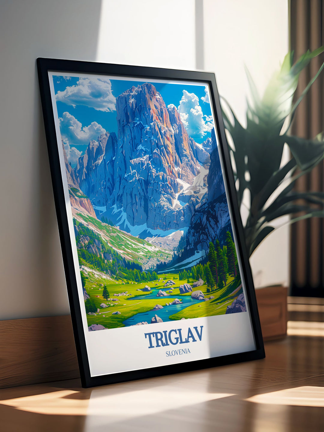 Triglav Peak artwork inspired by the beauty of Slovenia featuring the towering Mount Triglav and the serene waters of Lake Bled a perfect addition to your collection of vintage travel prints and bucket list decor.