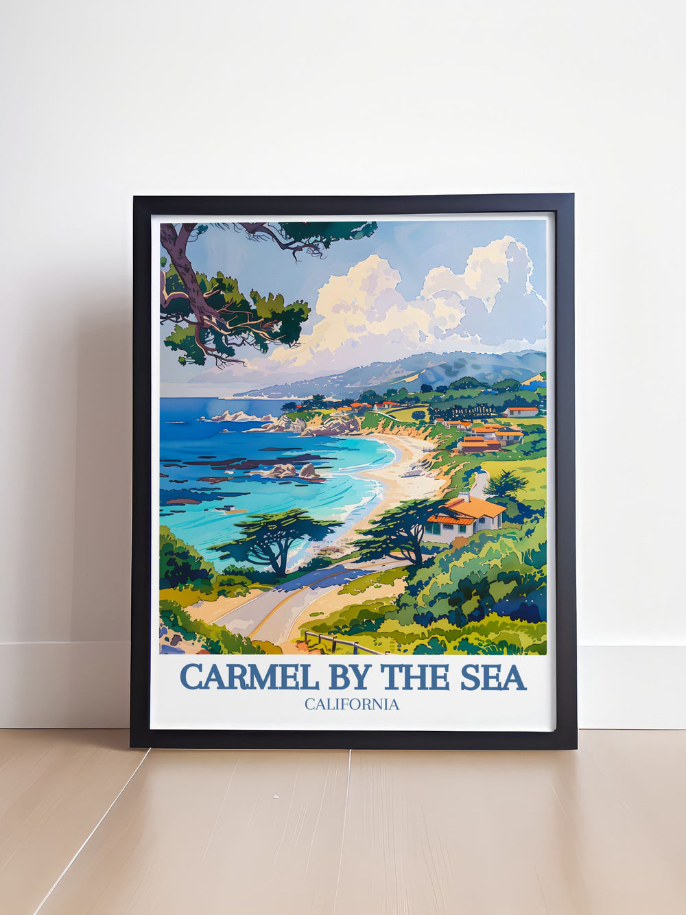 This vibrant travel poster features the majestic Pacific Ocean as seen from Carmel by the Sea, capturing its powerful waves and serene horizon. Add a piece of Californias natural beauty to your home with this captivating print.