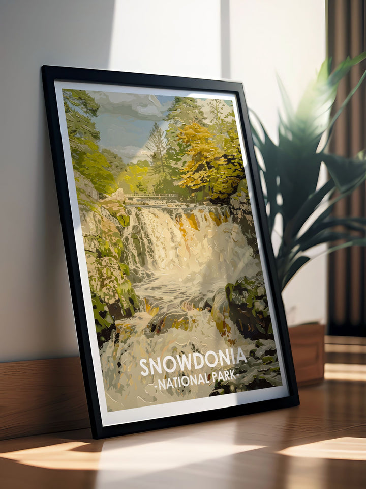 Beautiful Swallow Falls wall decor featuring the cascading waters and tranquil surroundings of Swallow Falls ideal for adding a touch of nature and serenity to any living space and a great Snowdonia gift