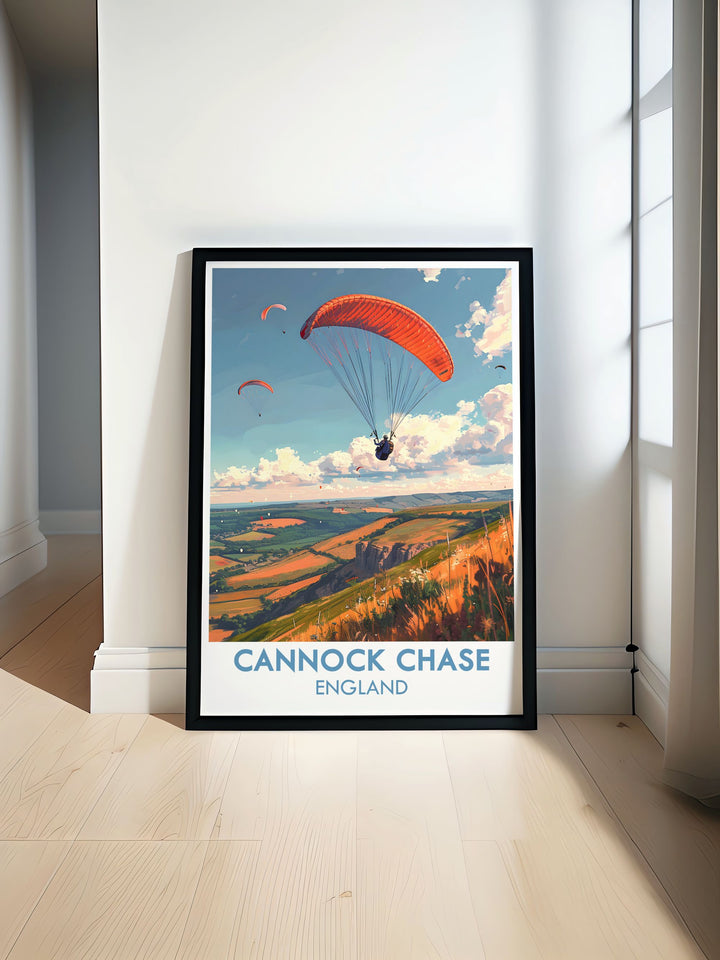 The Chase artwork captures the serene beauty of Cannock Chase in Staffordshire. This detailed print is perfect for nature lovers and outdoor enthusiasts. Add a touch of British nature to your home with this stunning piece of English countryside decor.