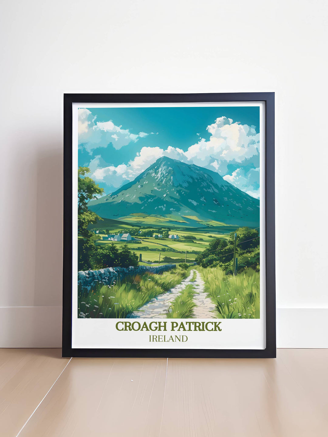 Celebrate Irish heritage with this Ireland travel print featuring Croagh Patrick and the iconic Saint Patrick statue. This artwork beautifully captures the essence of Tochar Phadraig and the cultural richness of Westport Ireland perfect for home decor.