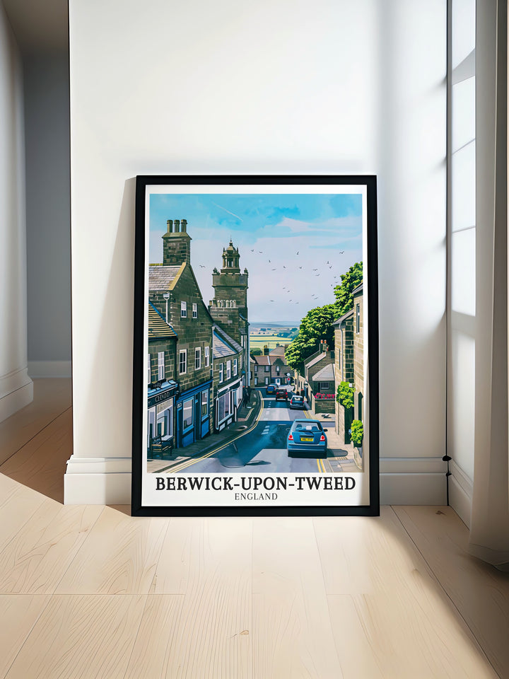 Northumberland travel art showcasing the best of Berwick towns architecture and walls. The fine details and vibrant colors make this piece stand out, perfect for those who appreciate British landscapes and history.