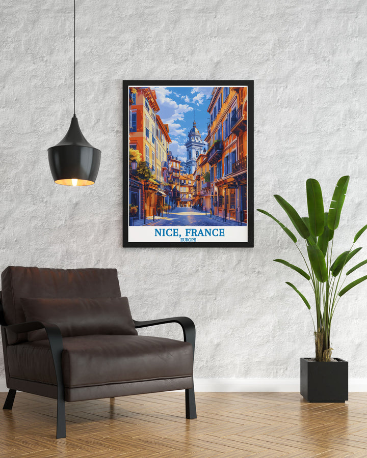 Celebrate the cultural richness of Old Town Vieux Nice with this travel poster, showcasing the vibrant cityscape and historic landmarks that make this district a must visit destination.