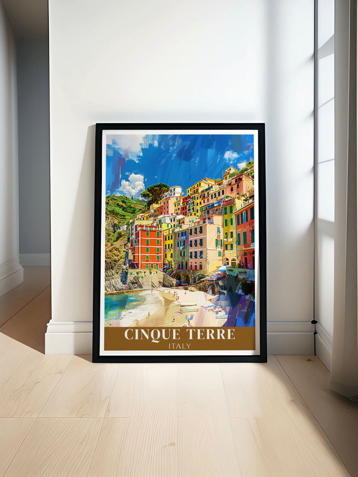 Monterosso al Mare travel poster featuring vibrant colors and stunning coastal views perfect for adding a touch of Cinque Terre decor to your home or office ideal for art lovers and travelers who appreciate beautiful and lively wall art.