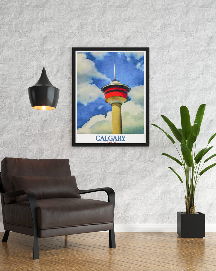Enhance your art collection with a Calgary Tower modern art print. This Canada poster offers a contemporary take on the classic landmark, making it a versatile and eye catching addition to any decor style.