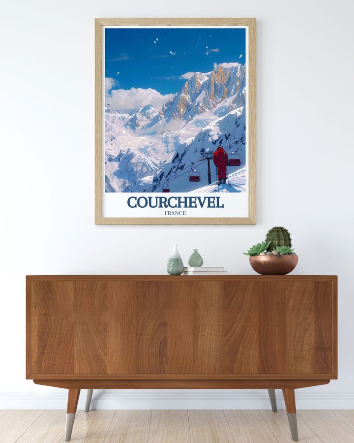 Discover the beauty of La Saulire and Courchevel with this Les Alps travel print. Featuring breathtaking mountain views, this canvas art is ideal for anyone who loves skiing or enjoys the majestic landscapes of the French Alps.