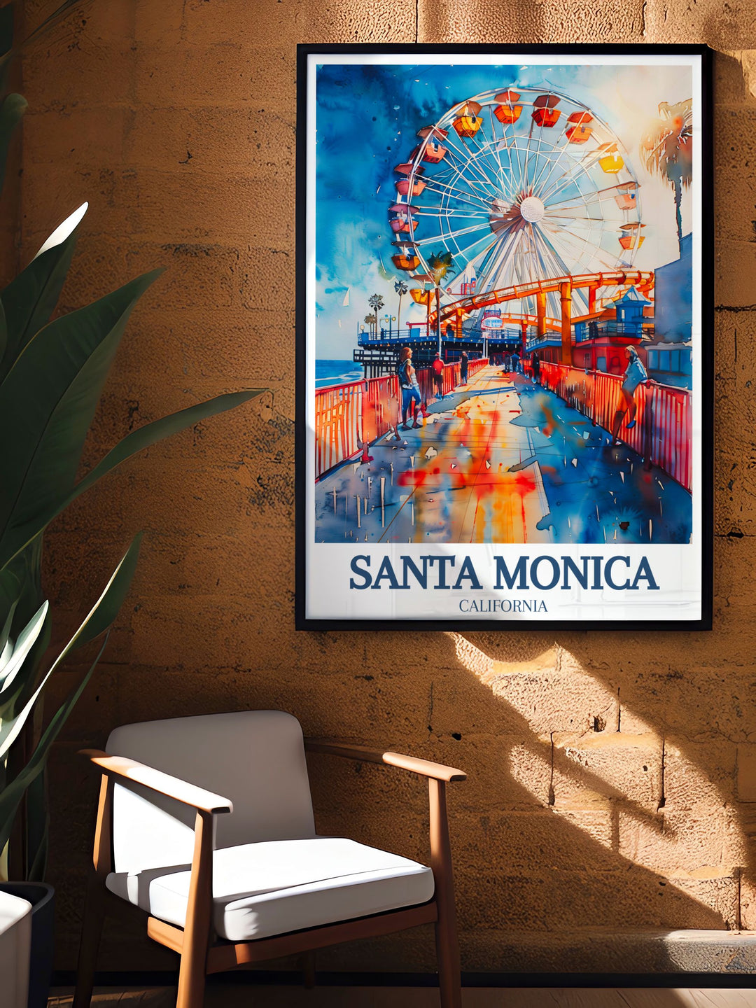 A vibrant Santa Monica Pier travel print showcasing the pier and Pacific Parks amusement rides. This artwork is ideal for beach decor, capturing the lively energy of Californias famous coastline and providing a pop of color and excitement for your living space.