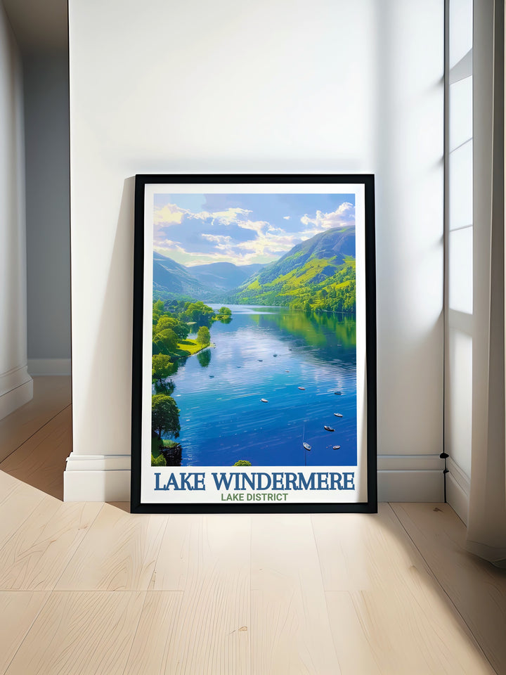 Lake Windermere Wall Art presents the stunning beauty of the Lake District with its detailed depiction of Cumbrias largest lake. This travel poster is a perfect addition for anyone who loves landscapes and outdoor adventures, bringing the charm of the UKs natural scenery into any room.