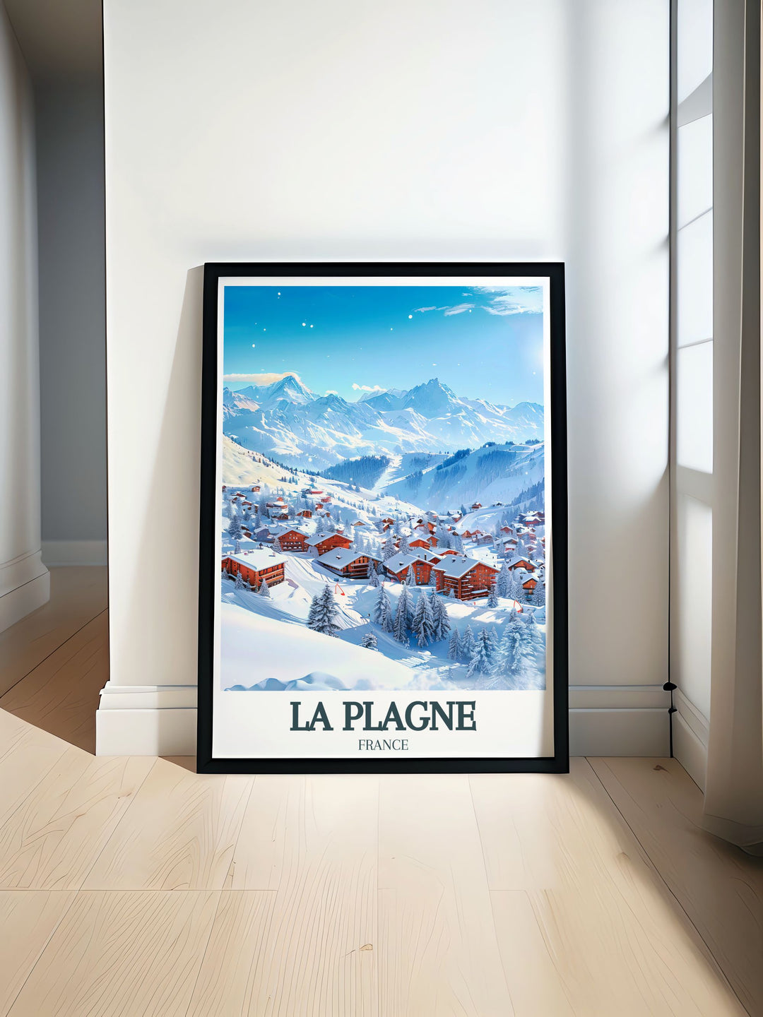 La Plagne Travel Poster featuring Aime La Plagne Paradiski Ski Area showcases the stunning ski slopes and vibrant landscapes of France. This beautiful art print is perfect for those who appreciate mountain vistas and stylish home decor with a French Alps theme.