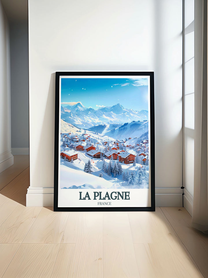 La Plagne Travel Poster featuring Aime La Plagne Paradiski Ski Area showcases the stunning ski slopes and vibrant landscapes of France. This beautiful art print is perfect for those who appreciate mountain vistas and stylish home decor with a French Alps theme.