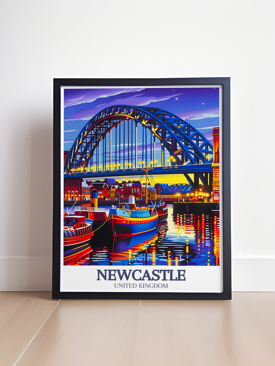 Newcastles iconic Tyne Bridge and Quayside district are beautifully captured in this travel print. Perfect as framed art for your living room or as a vintage poster for collectors, this piece of UK wall decor celebrates the citys stunning skyline.