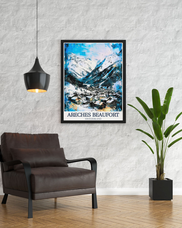 Stunning Beaufort Village Grand Mont Ski Resort Poster features the iconic peaks of Areches Beaufort and Les Saisies This vintage skiing print from the French Alps is ideal for adding a retro alpine aesthetic to your home decor or travel art collection