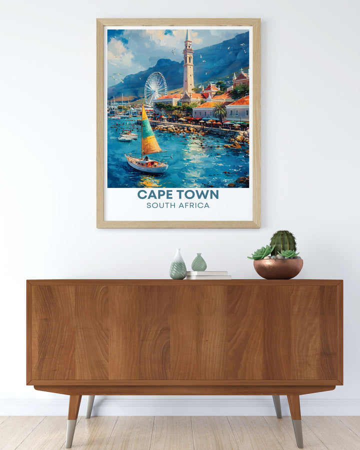 The picturesque scenery of Cape Town with the Victoria & Alfred Waterfront and Table Mountain as focal points is featured in this vibrant travel poster, perfect for adding South Africas unique charm to your home.