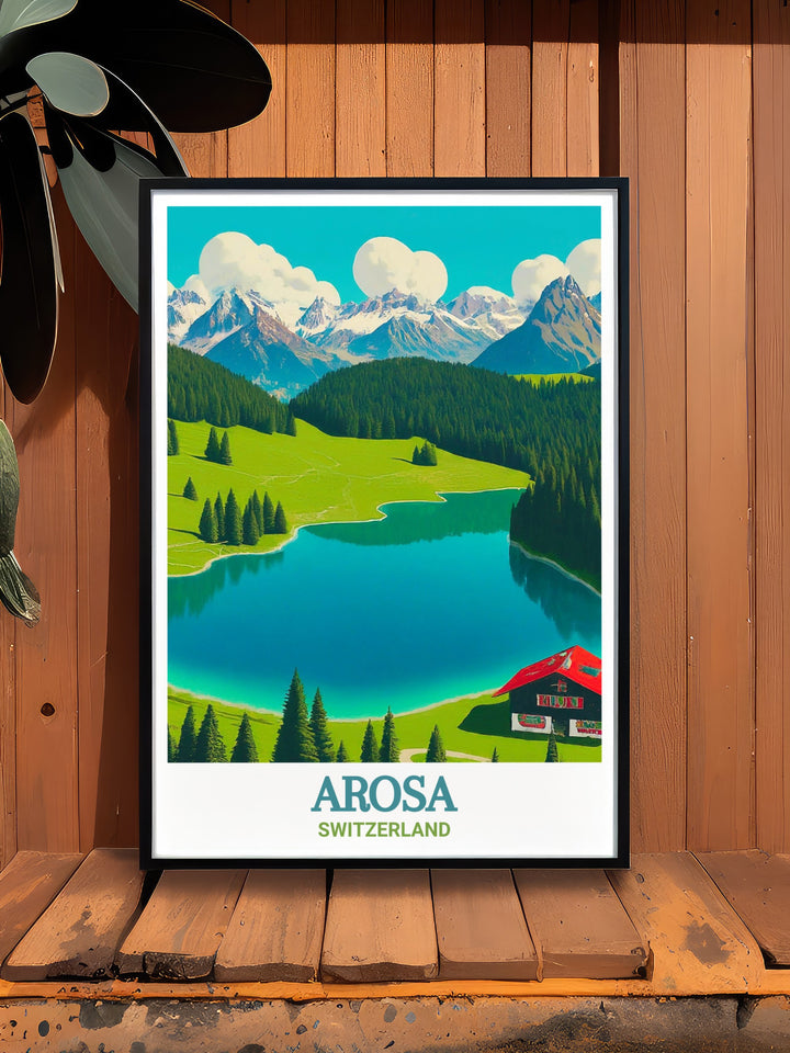 Obersee Lake Home Decor showcasing the serene landscapes and tranquil waters of Obersee Lake in Arosa, Switzerland. The detailed illustration offers a glimpse into the peaceful alpine wilderness, making it an excellent choice for nature lovers and outdoor enthusiasts