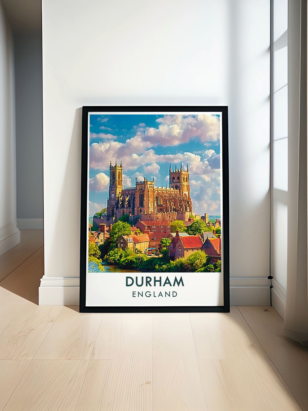 Durhams rich history and architectural grandeur are celebrated in this poster, featuring the iconic Durham Cathedral and inviting you to explore its magnificent structure.