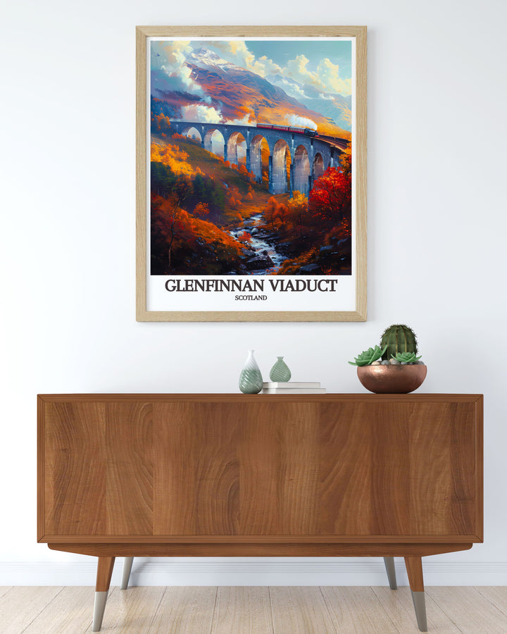 Framed art print of the Glenfinnan Viaduct, emphasizing the timeless beauty of its Victorian engineering amidst the scenic Scottish Highlands, an ideal piece for lovers of historical landmarks.