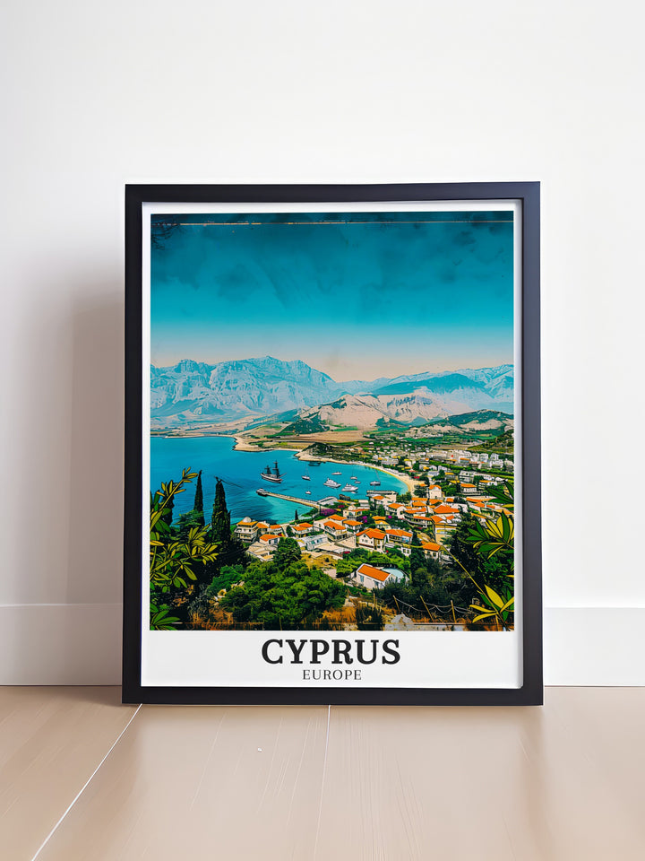 This Troodos Mountains framed art captures the vibrant greenery and historic monasteries that define the beauty of Cyprus. The Mediterranean landscape is showcased in detail, making it a perfect piece for your home or office.