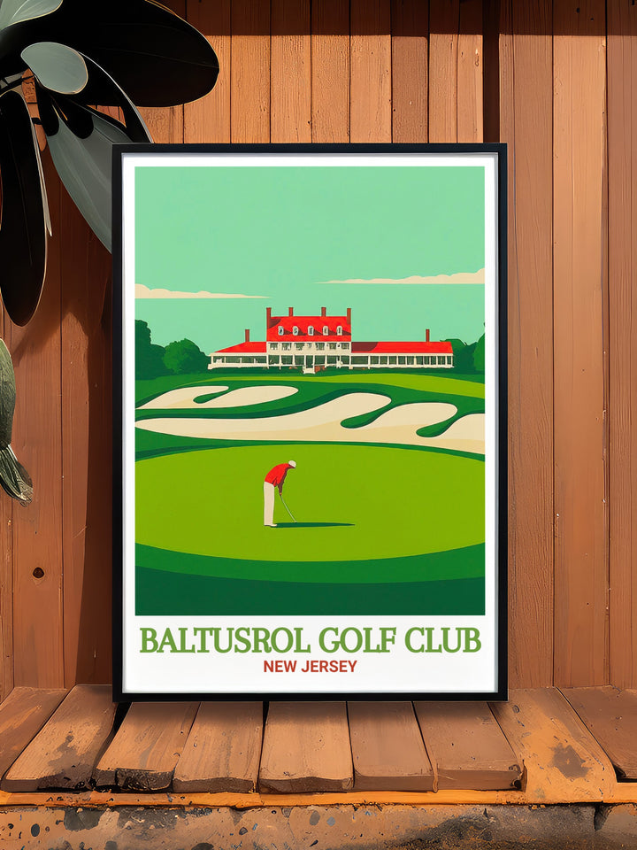 Baltusrol Golf Club Wall Art featuring the legendary course located in Springfield, New Jersey. This golf poster is a stunning representation of the clubs storied history and beautiful landscapes, making it an excellent addition to any golfers home or office decor.