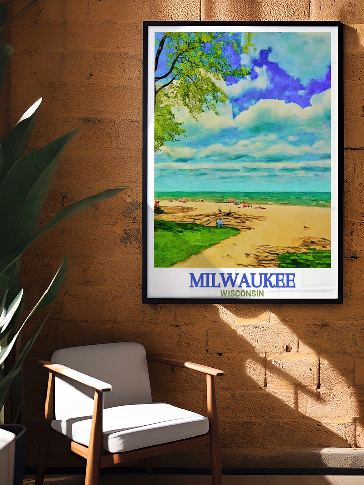 Highlighting the skyline of Milwaukee and the tranquility of Bradford Beach, this art print brings together two of Wisconsins most iconic landmarks. The bright colors and intricate design make this poster a standout piece for any space.