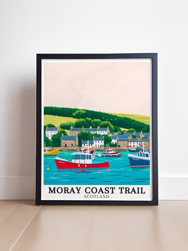 North Sea Travel Poster featuring the expansive and dramatic views of the North Sea as it meets the Moray Coast, a striking piece of art that brings the essence of Scotlands maritime heritage into your home.