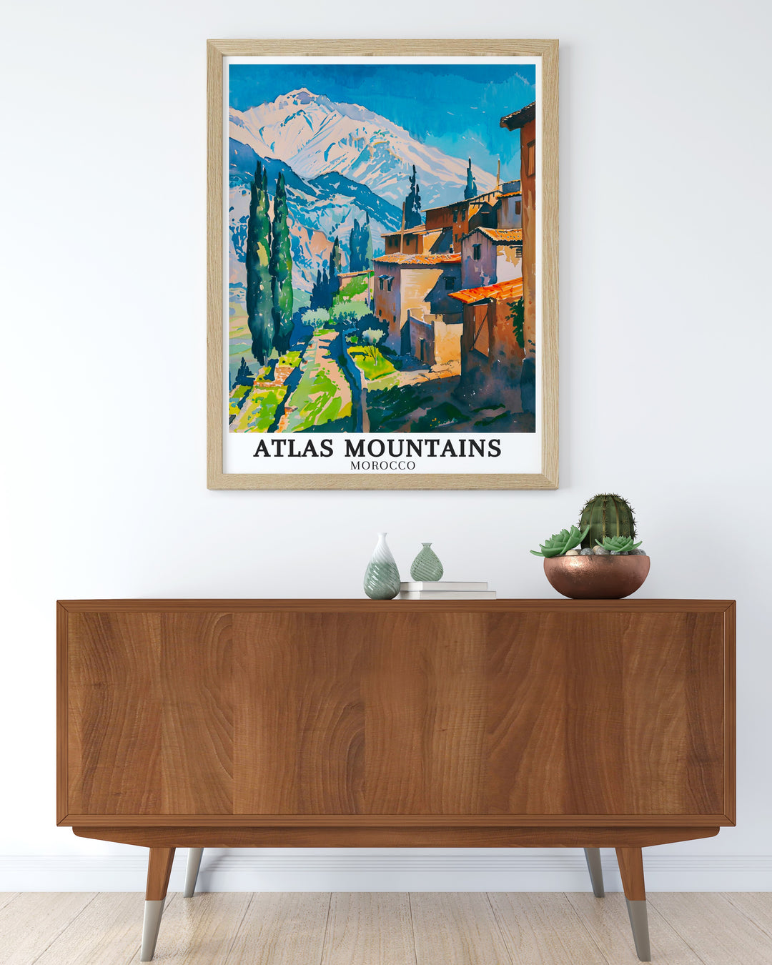 Chefchaouen art poster featuring the iconic blue walls of the Blue City Morocco with views of the Rif Mountains and Berber villages Berbers stunning prints ideal for creating a serene and culturally rich living room decor