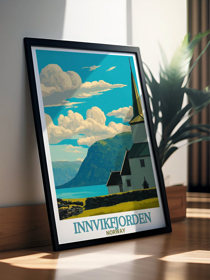 Scenic Innvik Church poster depicting the serene Norway landscape and fjord beauty perfect for enhancing any living space