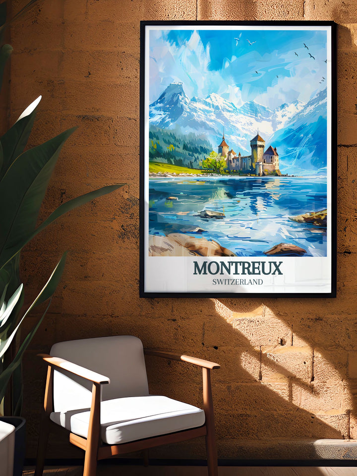 This Montreux Art Print beautifully captures the charm of Lake Geneva and the surrounding Swiss Alps. With the iconic Chillon Castle featured prominently, this piece is a must have for those who appreciate stunning travel art and alpine scenery.