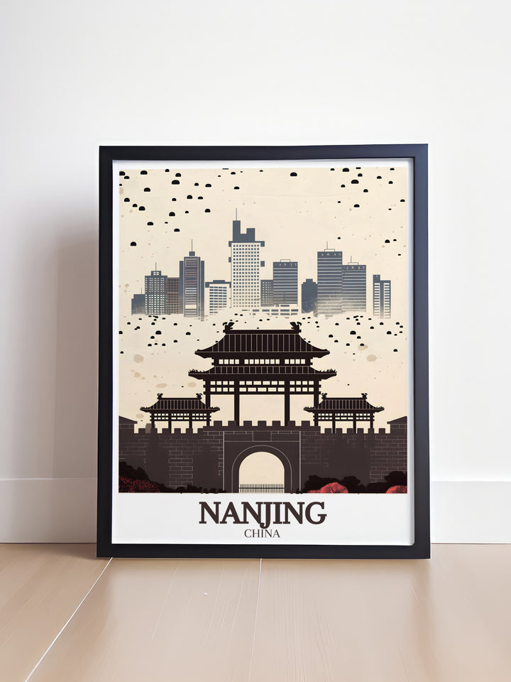 Our Nanjing Poster combines the imposing Zhonghua Gate with the citys vibrant skyline, creating a stunning visual narrative of Nanjings cultural and architectural history. This print is perfect for decorating a living room or office with a blend of tradition and modern design.