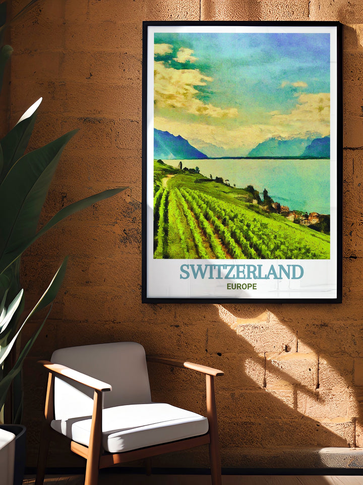 Lake Geneva travel poster featuring the iconic Swiss lake with the majestic Swiss Alps in the background. This print captures the beauty and elegance of Lake Geneva, perfect for any European art collection.