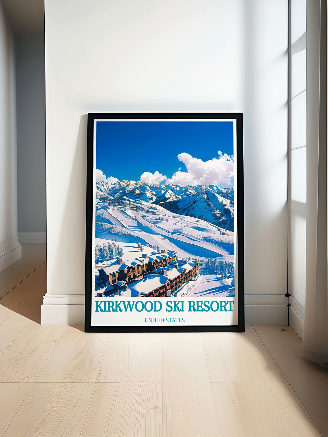 Stunning winter scene of Kirkwood Mountain Resort showcasing snow covered slopes and majestic pine trees. The artwork beautifully captures the serene and snowy landscape of the resort, making it a perfect addition to your winter themed home decor.