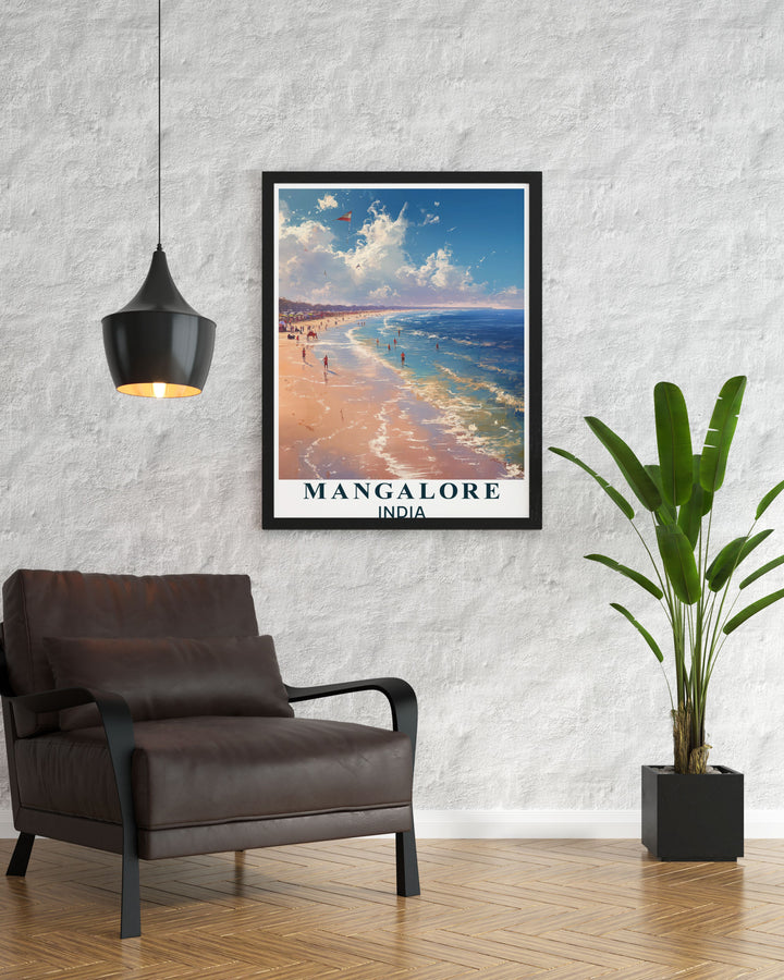 This travel poster captures the serene beauty of Panambur Beach and the vibrant cityscape of Mangalore, showcasing the pristine sands and inviting waters of the Arabian Sea, perfect for adding a touch of Karnatakas coastal charm to your home decor.