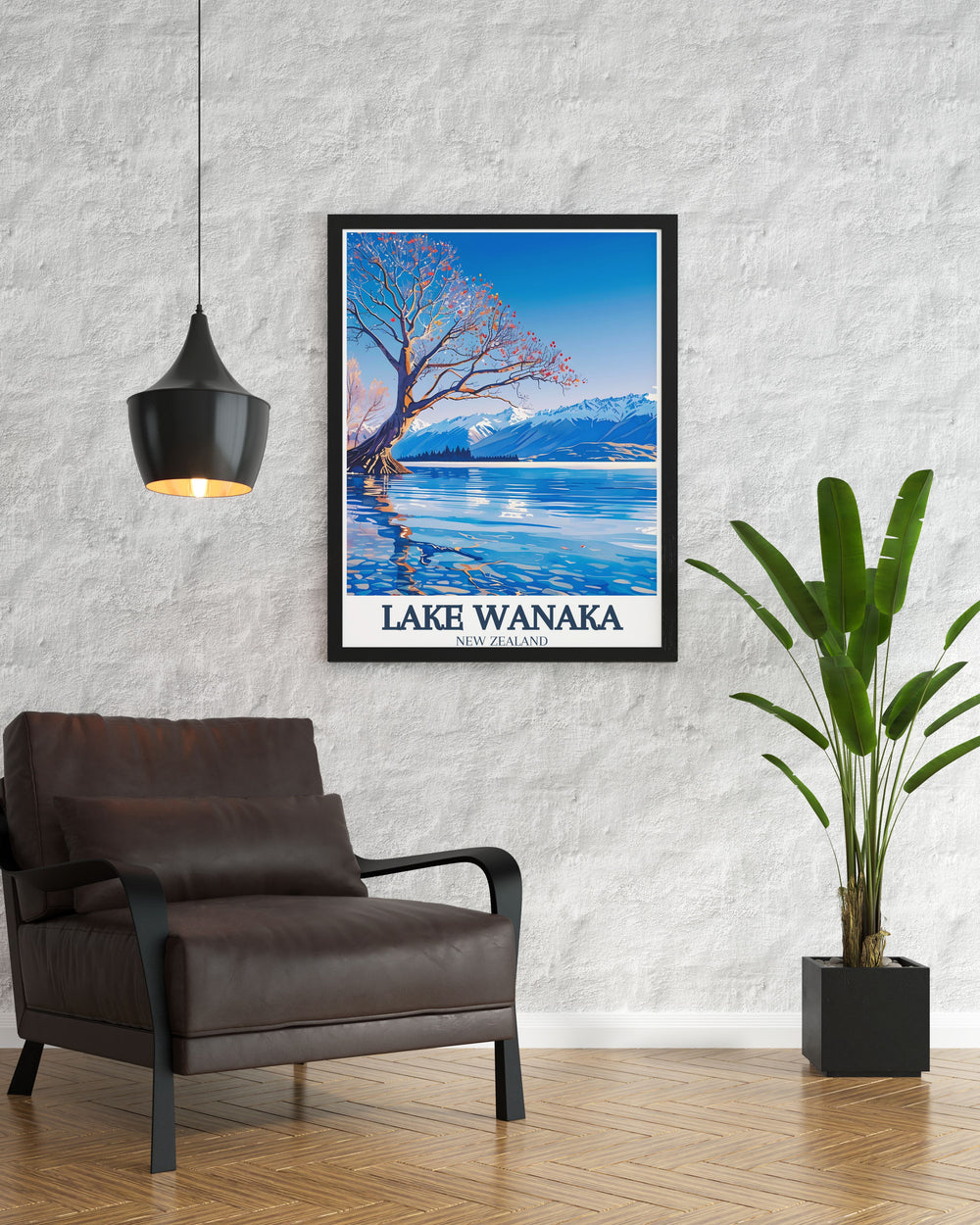 Elegant Lake Wanaka poster showcasing the tranquil lake wanaka tree in Mount Aspiring National Park A stunning piece of New Zealand wall art that brings the beauty of nature into your living room or office