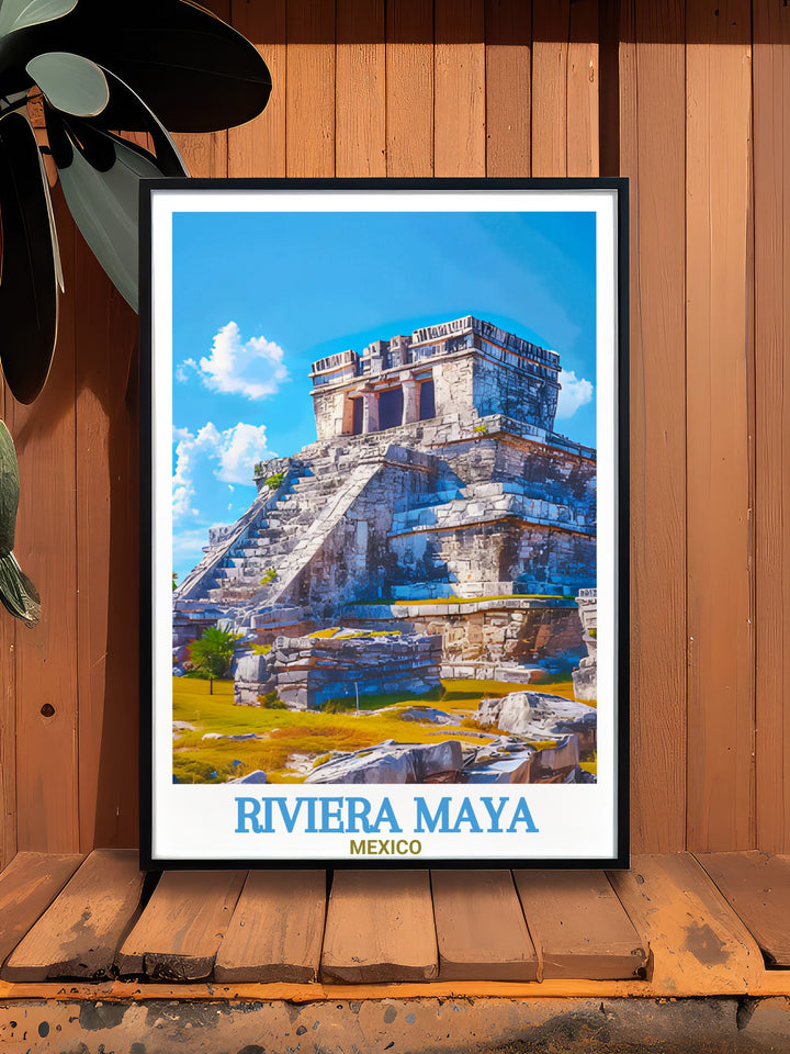 Elegant Tulum Ruins print from Riviera Maya Mexico featuring vibrant colors and detailed artwork perfect for beach decor. This tropical art piece is an ideal Mexico gift enhancing home living decor with the serene beauty of Tulum Ruins and its historic charm.