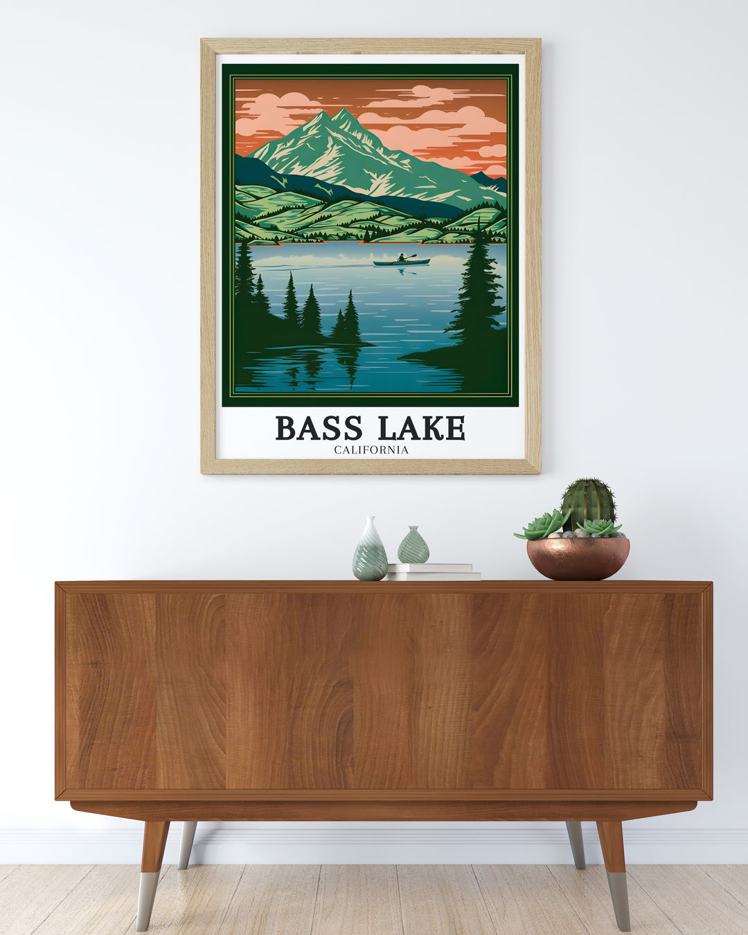 Yosemite California Poster featuring Bass Lake surrounded by the towering redwoods of Sierra National Forest Madera County this vintage travel print is perfect for those who love to bring the outdoors into their home with stunning artwork.