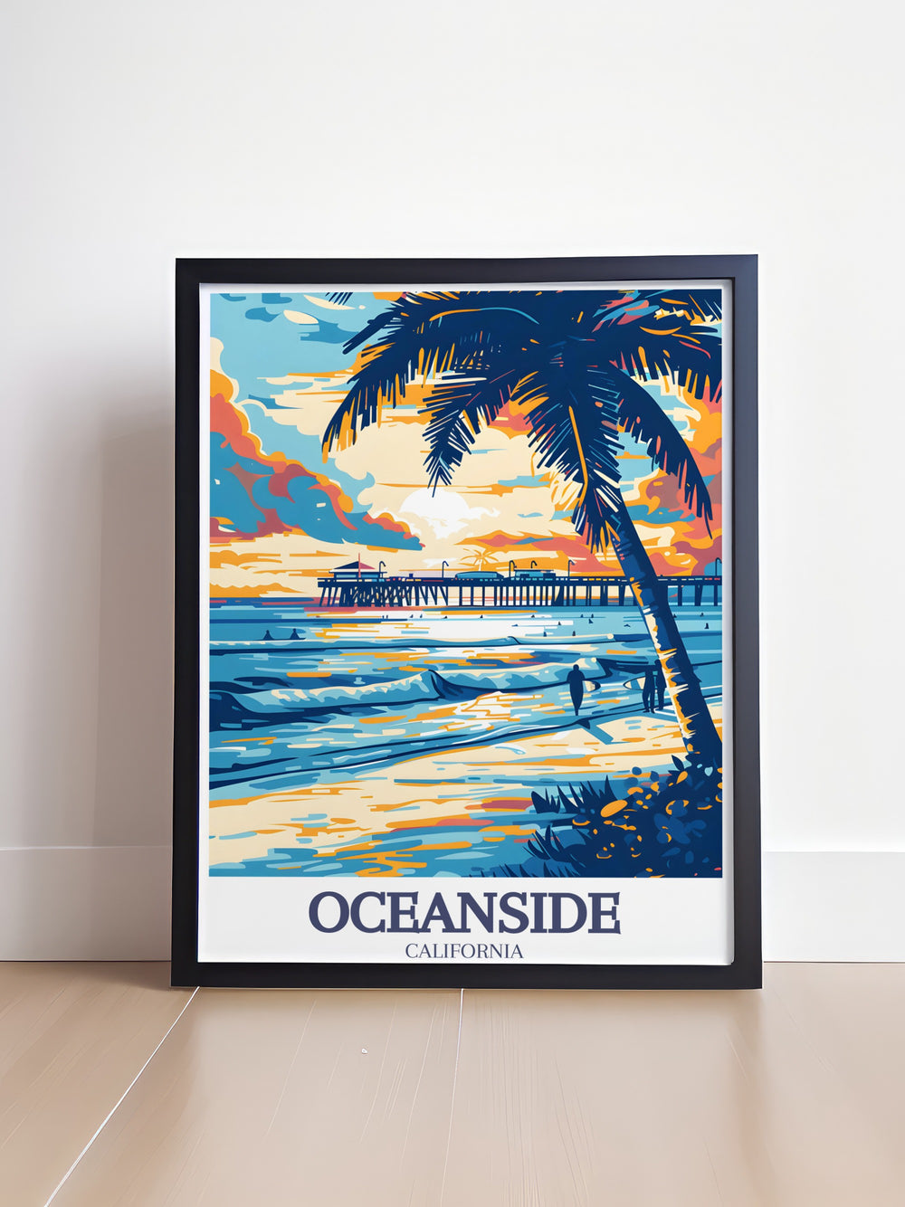 Oceanside Beach and Oceanside Pier poster featuring the iconic pier against a backdrop of serene beach scenes ideal for adding a touch of California charm to your walls and making a thoughtful gift for California lovers