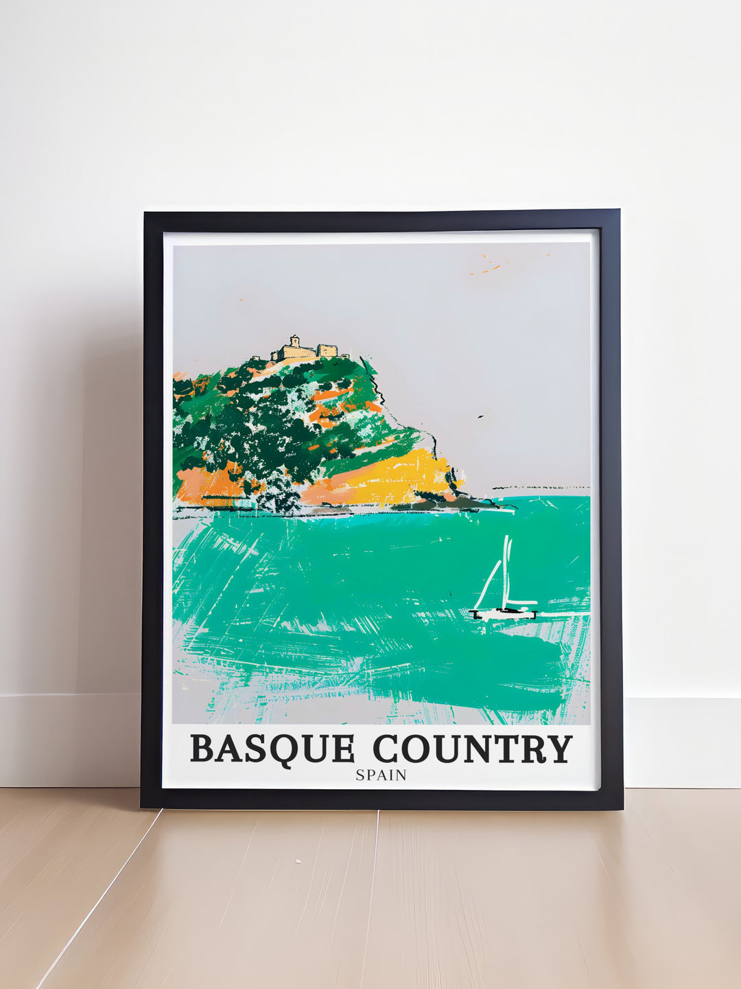 A scenic travel poster of the Basque Country, featuring the iconic Gaztelugatxe Hermitage and the rugged cliffs that surround it. This detailed art print celebrates the unique beauty of Spains northern coastline, making it an ideal gift for art lovers.