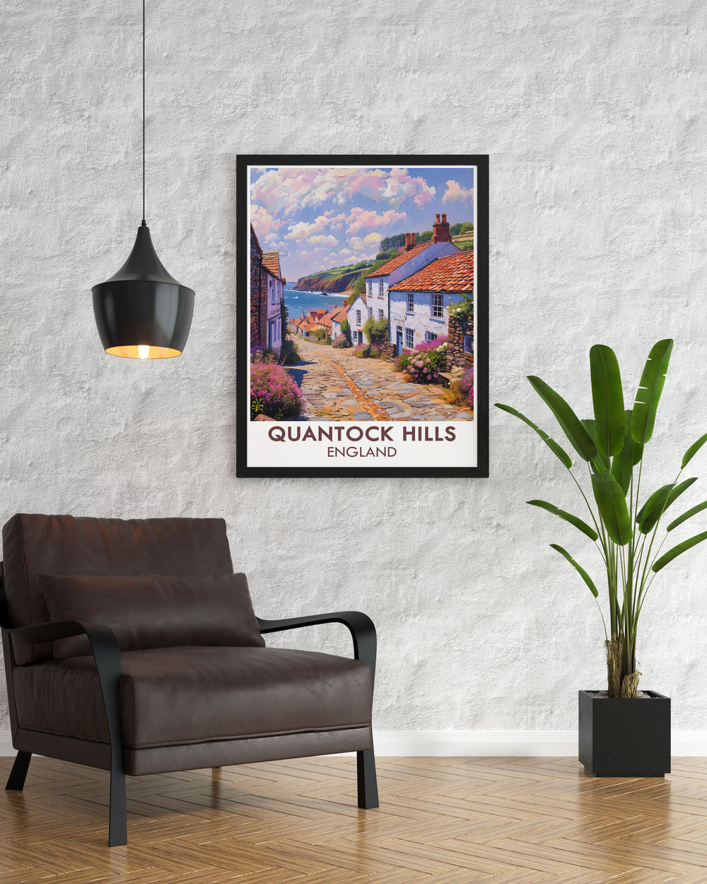 Nether Stowey vintage travel poster featuring the tranquil landscapes of Quantock Hills and Somerset AONB ideal for adding a touch of rustic charm to any living space and capturing the essence of the Bristol Channel and The Quantocks.