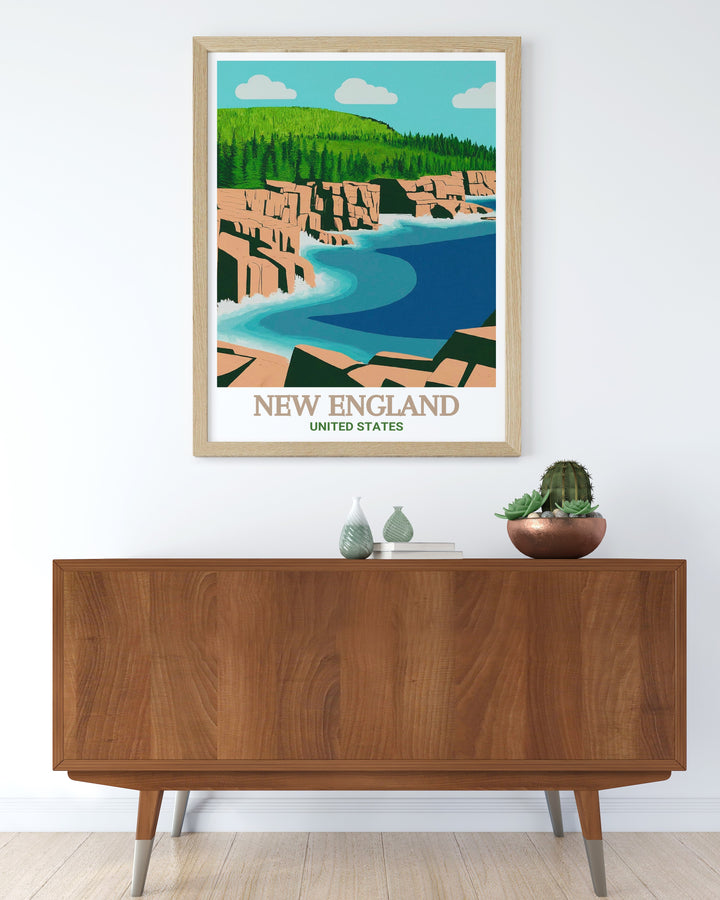 Stunning artwork of the New England Trail and Acadia National Park ideal for home decor and national park enthusiasts. This vintage travel print makes a great addition to any wall with its scenic representation of long distance hiking and nature exploration.