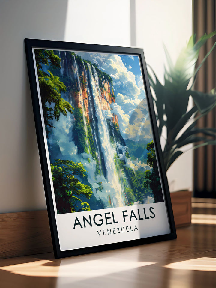 Our stunning Angel Falls vintage poster is a nod to classic travel art, offering a beautiful portrayal of one of Venezuelas most visited natural landmarks. With its retro style, this print adds charm and elegance to any wall.