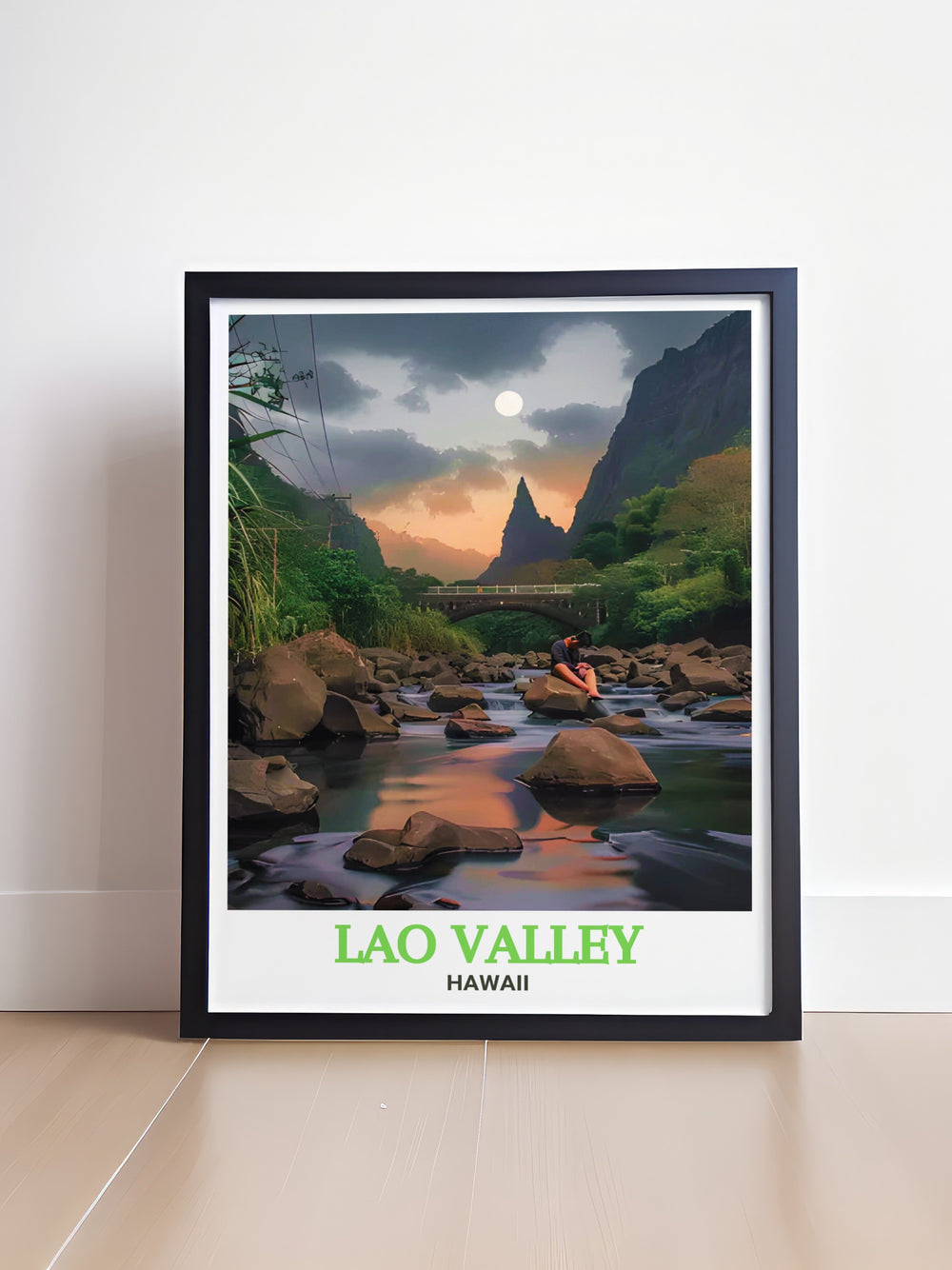 Add a touch of Hawaiian paradise to your home with this Lao Valley art print. The serene depiction of the valley and stream is perfect for creating a peaceful atmosphere in any room.