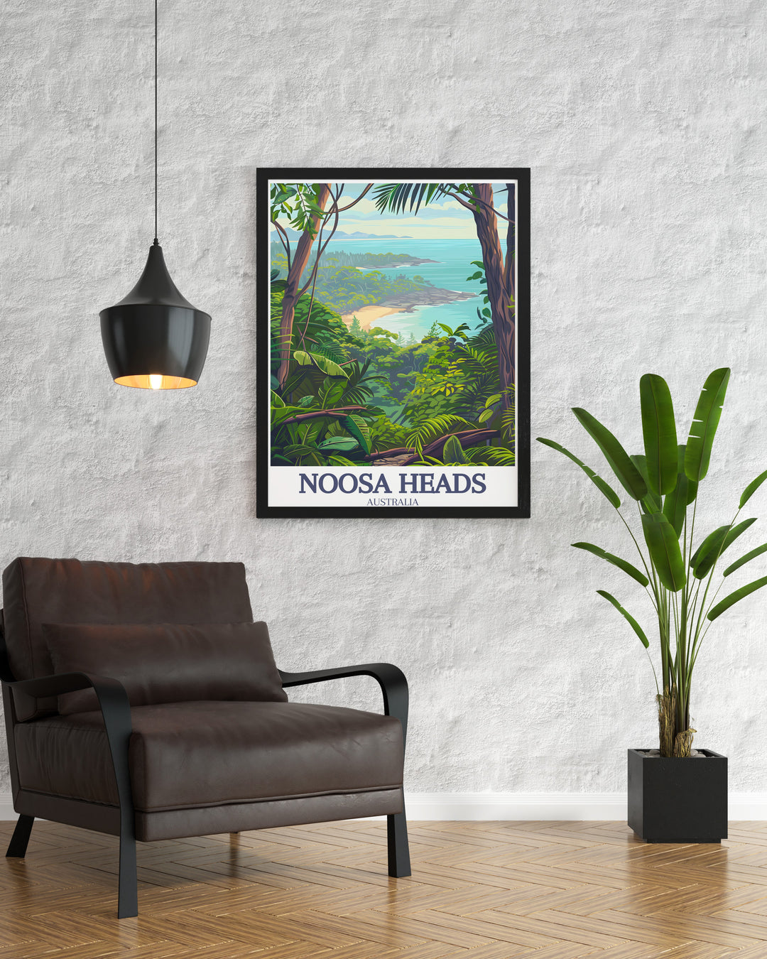 Noosa Heads Poster Print featuring vibrant landscapes of Noosa National Park and Little Cove. This colorful travel print highlights the iconic natural beauty of Australias Sunshine Coast, with detailed illustrations of the rocky coastlines and serene waters. Perfect for nature lovers and beach enthusiasts.