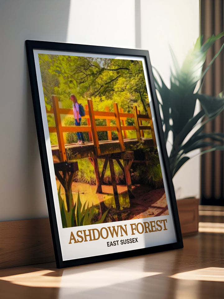 Elevate your living space with Pooh Bridge Stunning Prints from Ashdown Forest part of our AONB Travel Art collection these prints offer a contemporary take on a classic location bringing the beauty of the forest into your home with sophisticated wall decor