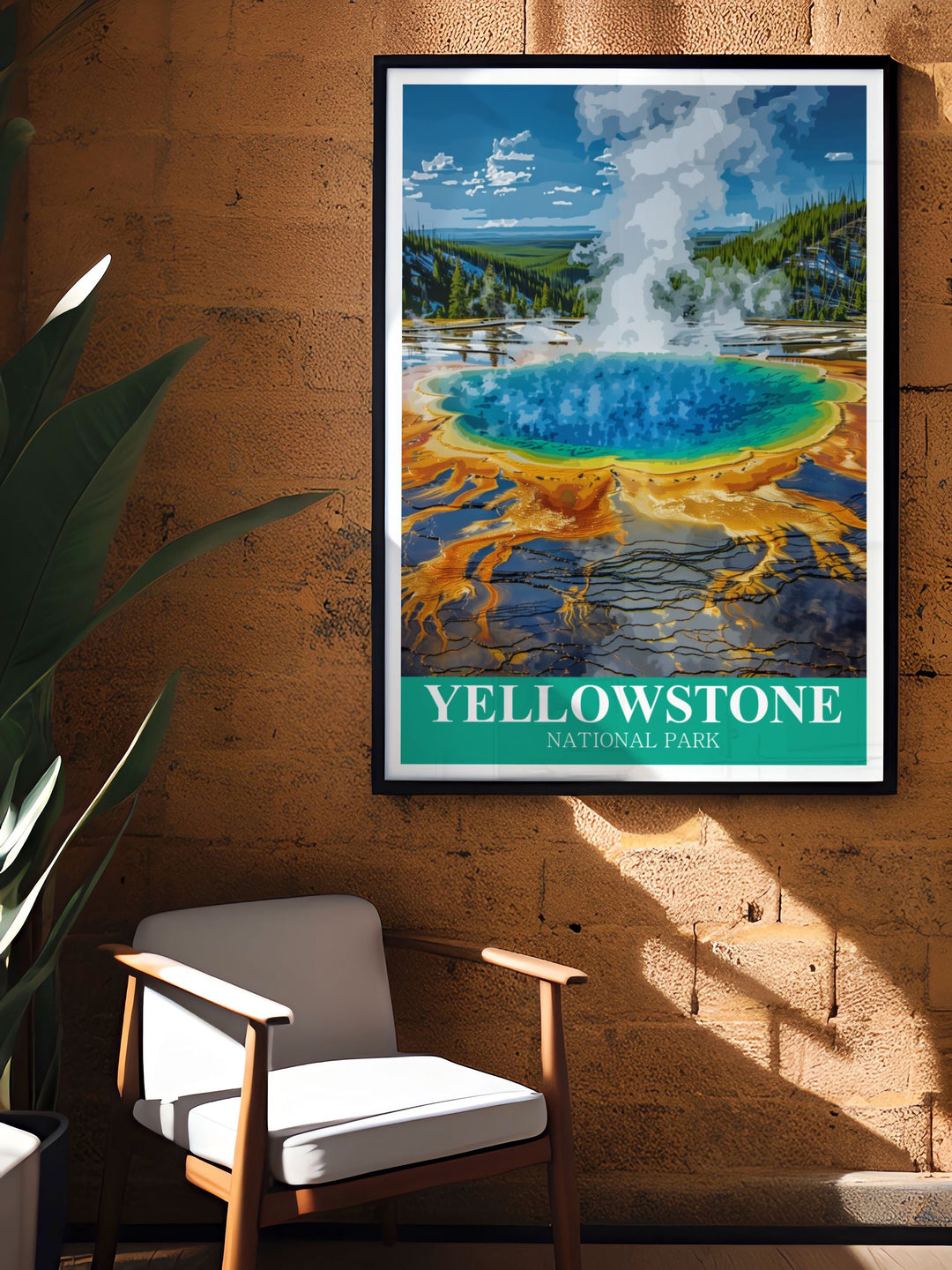 Discover a captivating travel poster featuring Yellowstones Grand Prismatic Spring, beautifully framed by the parks stunning scenery. This artwork serves as a reminder of the breathtaking landscapes and unique natural wonders of Yellowstone.