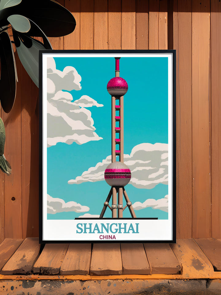 Capture the beauty of Shanghais Oriental Pearl Tower with this detailed travel print. This artwork highlights the futuristic skyline of Shanghai, making it an ideal choice for those looking to add a touch of China to their home or office decor.