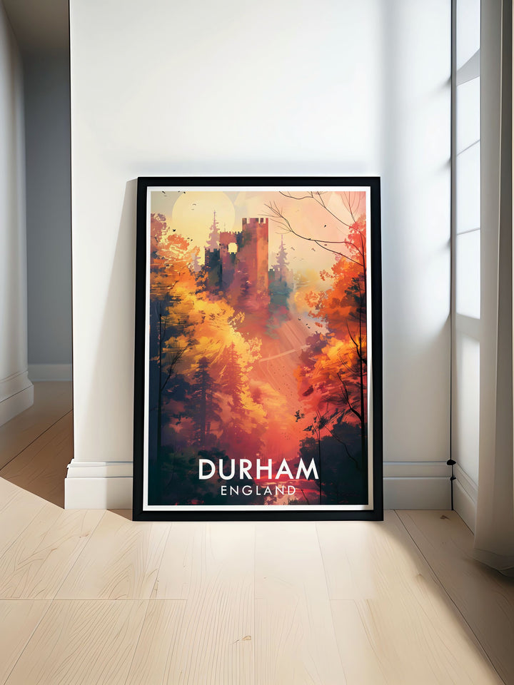 Featuring Durham Castle, this travel poster captures the timeless elegance of this medieval fortress and its surroundings, ideal for history and art enthusiasts.