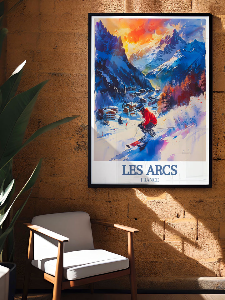 Retro Ski Poster depicting Les Arcs in Paradiski ski area Mont Blanc blending historical elegance with modern snowboarding scenes perfect for wall art and decor enthusiasts