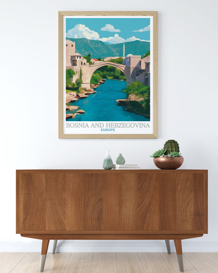 Europe travel print featuring Stari Most brings the beauty and history of Bosnia and Herzegovina into focus, highlighting the iconic Old Bridge and the city of Mostar. This canvas art is a fantastic way to celebrate European heritage.