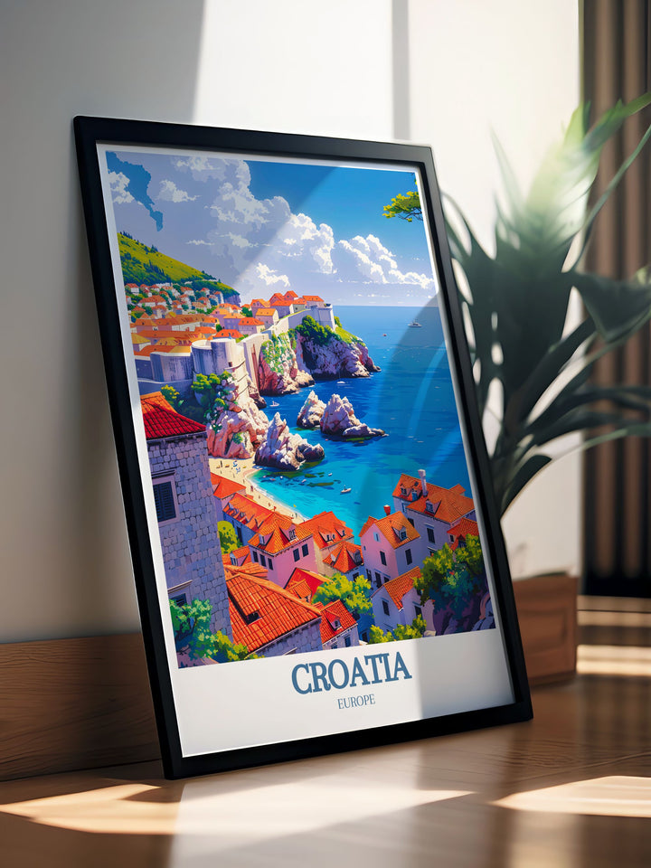 The combination of historic beauty in Dubrovnik and the serene charm of the Adriatic Sea is beautifully captured in this vintage travel poster, making it a stunning addition to any wall art collection celebrating Mediterranean destinations.