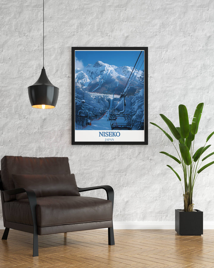 Classic Japanese Wall Art featuring Niseko Annupuri International Ski Area and snowboarding scene with a vintage travel print style adding a touch of elegance and adventure to your home decor